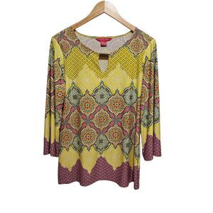 Sunny Leigh Womens Yellow Printed Tunic Top Size M Stretch Morrocan 3/4 Slv Bar